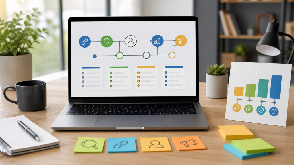 Mesa de trabajo con un panel visual de planificación de campaña de backlinks