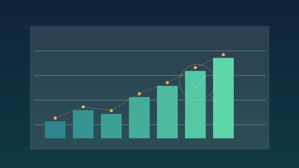 Panel de análisis con barras ascendentes, línea de tendencia y una lupa que simboliza la verificación de la calidad del tráfico